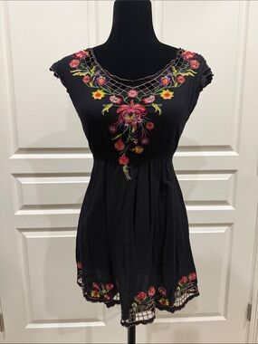 Black Mini Dress with Bright Floral Embroidery